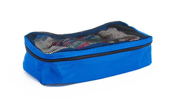 A filled and zipped closed Island (blue) Aether Small Aeronaut 30 Packing Cube.